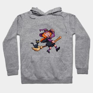 Cute Witch On Broom With Black Cat Hoodie